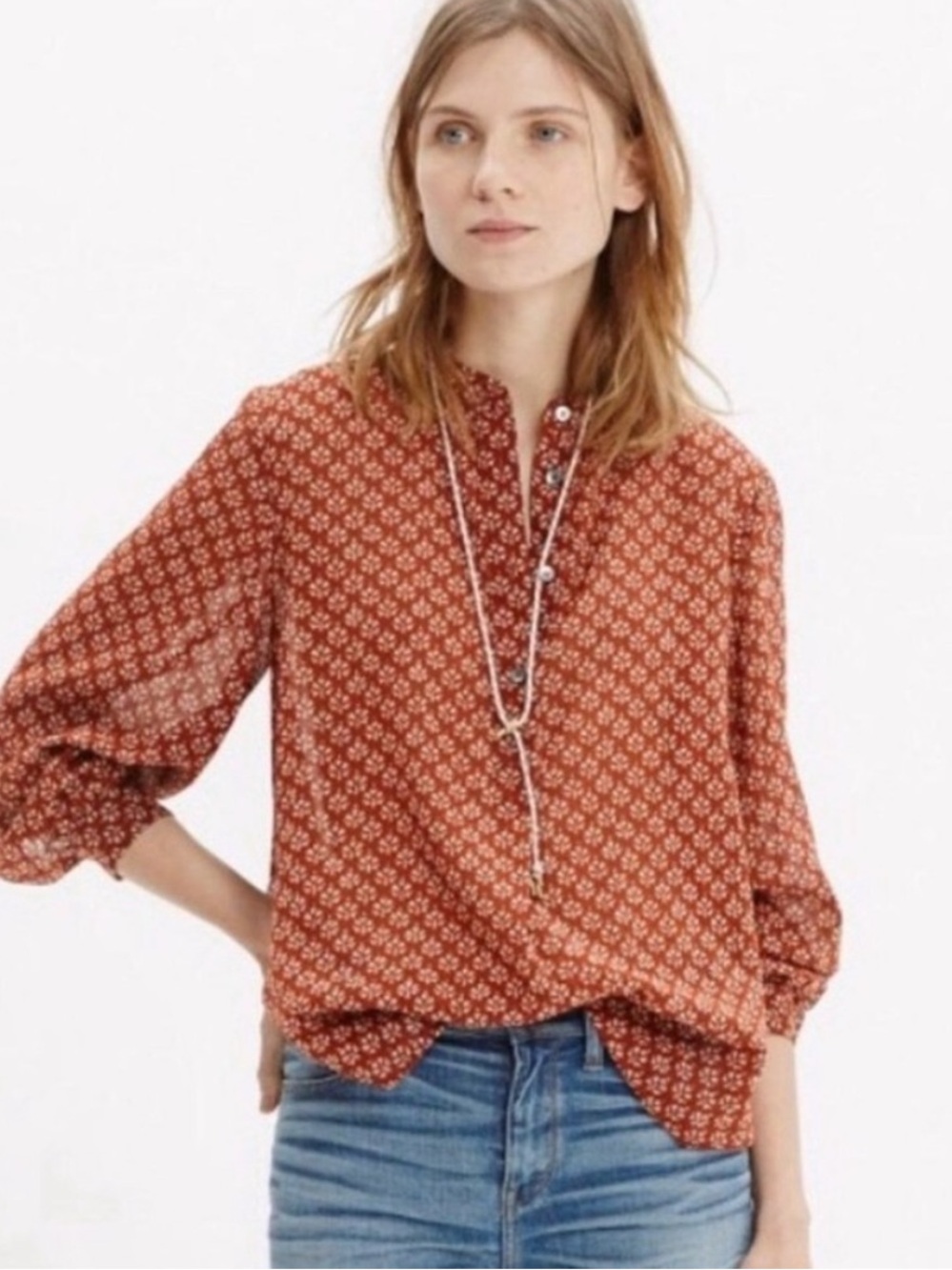 Madewell Shadowtree Popover Blouse 100% Cotton Geometric Blouse in Red White S